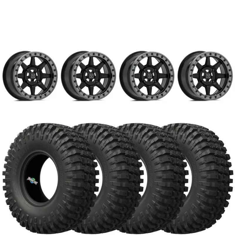Valor Offroad V13 4/156 4+3 Satin Black beadlocks mounted on EFX MotoCrushers