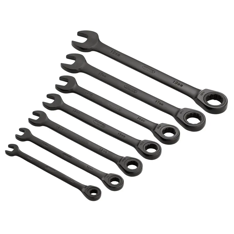 Draper Hi-Torq Metric Ratcheting Combination Spanner Set, Black (7 Piece) - 8230MM/7/BK