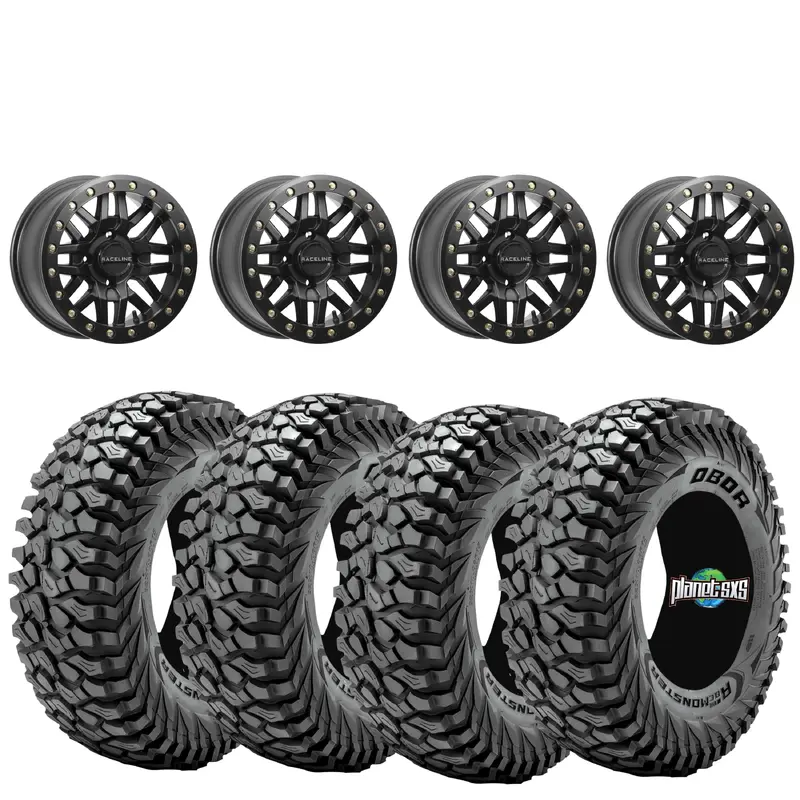 Raceline Ryno 15x10 beadlock Satin Black 4/156 5+5 mounted on Obor Roc Scrapers