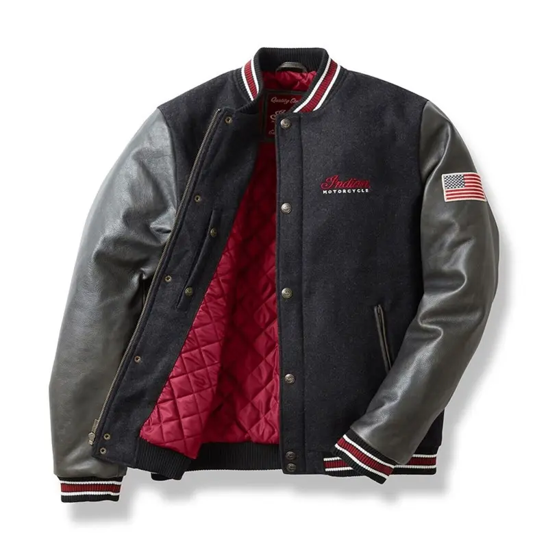 GENUINE INDIAN MOTORCYCLE BRAND MEN'S VARSITY BOMBER JACKET BLACK