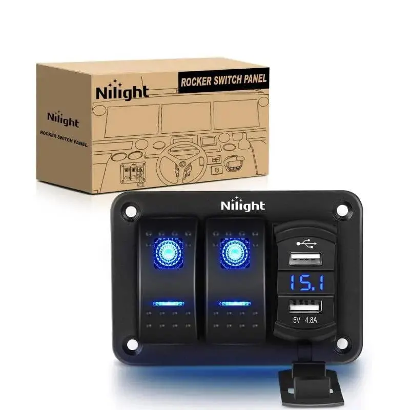 2Gang Blue Rocker Switch Panel w/ 4.8 Amp Dual USB Charger Voltmeter