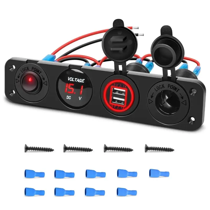 4 in 1 ON/OFF Red Charger Socket Panel w/ Dual USB Voltmeter Cigarette