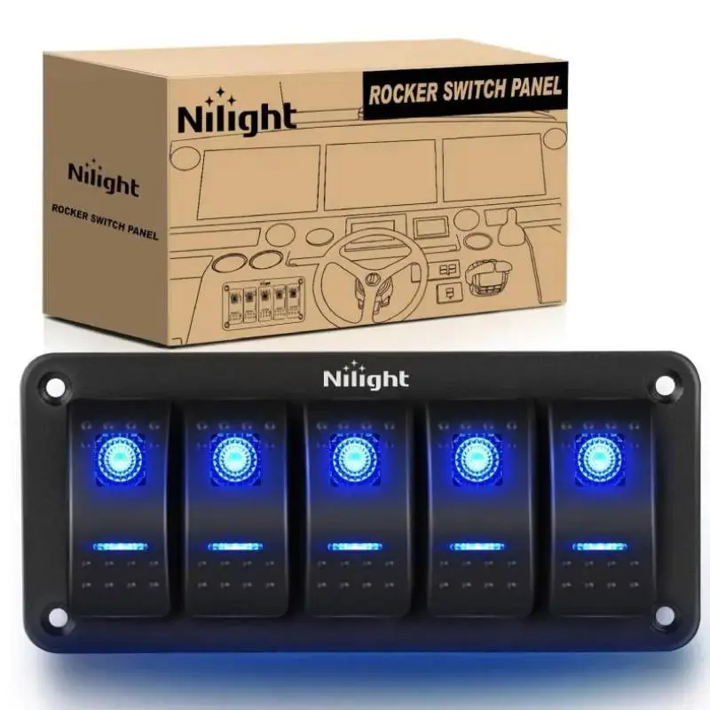 5Gang Aluminum 5Pin ON/Off Blue Rocker Switch Panel