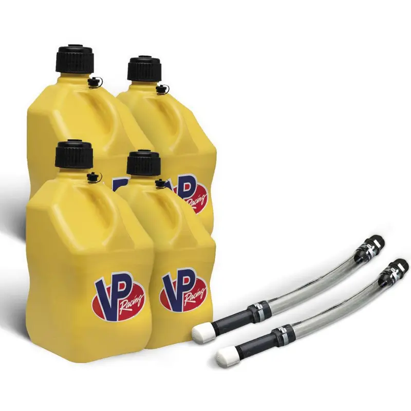 VP Racing 4 Pack Yellow 5.5 Gallon Square Utility Jugs + 2 Deluxe Fill Hoses